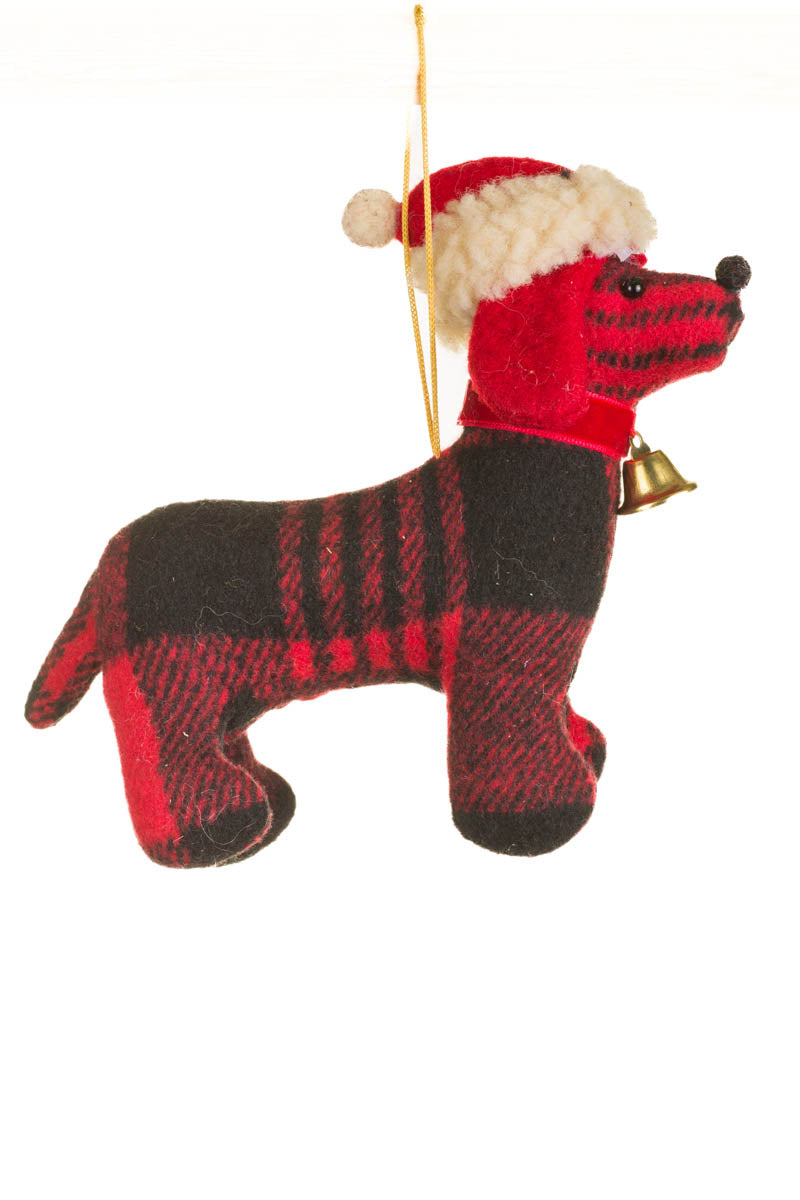 5.75" Hanging Plaid Black and Red Fabric Dog Ornament with Santa Hat