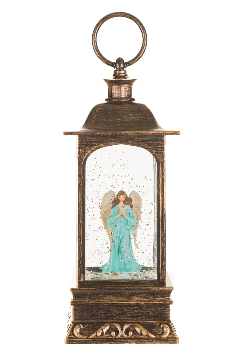 9.25" Musical Bronze Plastic Lantern Warm White LED Snow Globe with Angel and Swirling Glitter
