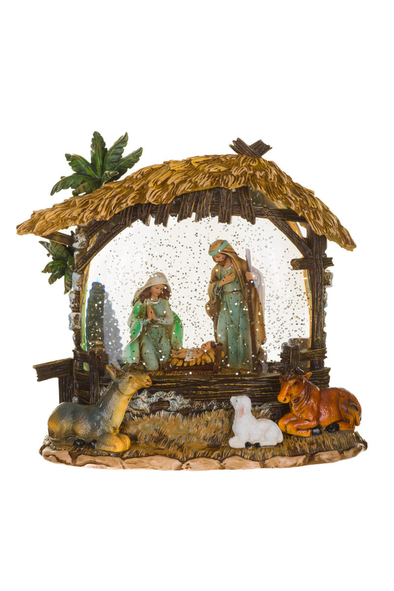 8.125" Yellow Plastic Nativity Stable Warm White LED Snow Globe with Swirling Glitter