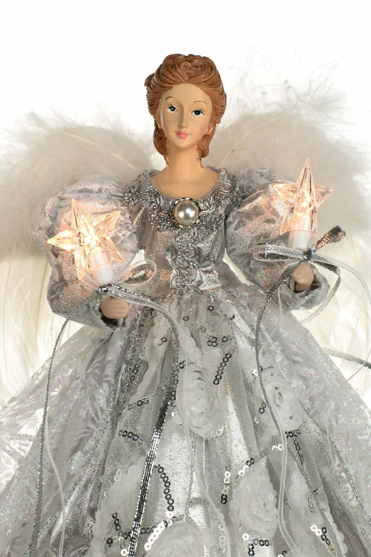 14" Silver and White Cloth Modern 10-Light Angel Tree Topper
