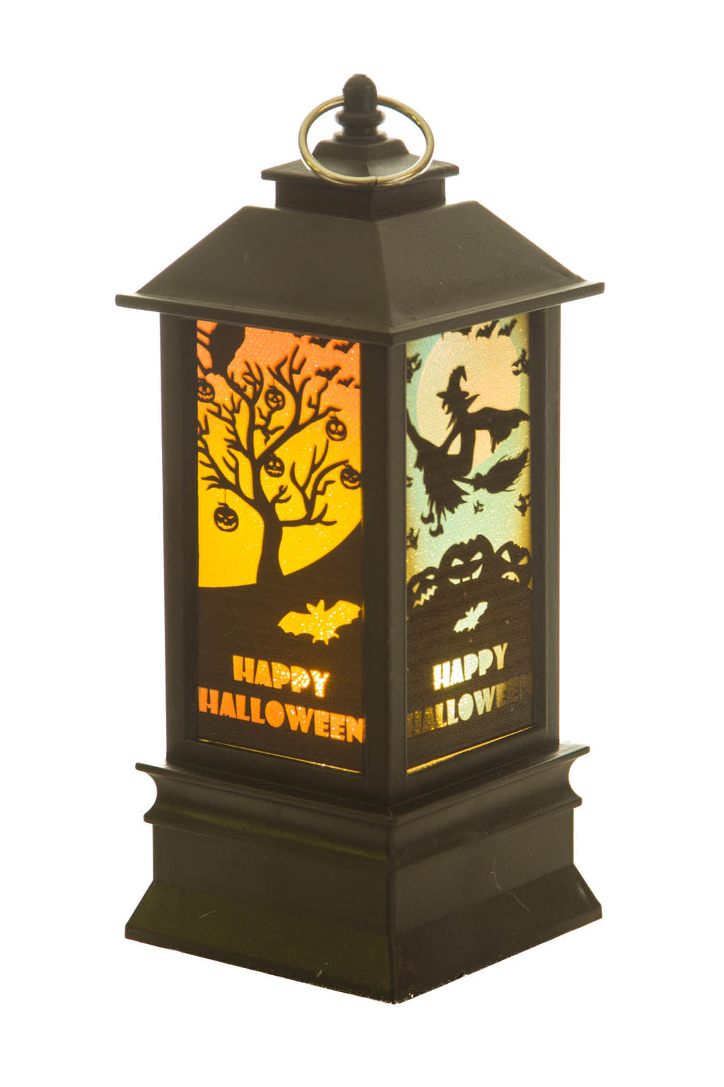 7.5" Hangable Black Plastic Spooky LED Lantern with Blue Witch
