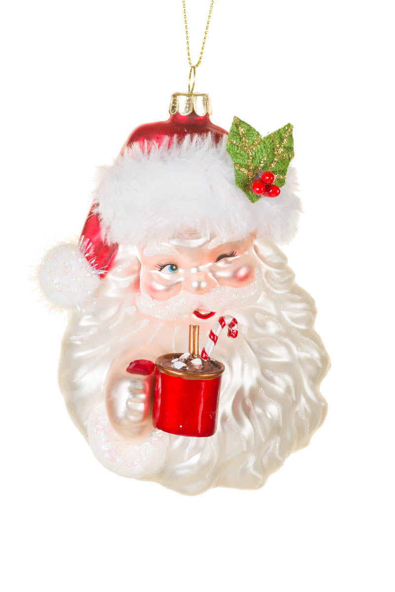 5" Hanging White Glass Winking Santa Head Ornament with Hot Cocoa