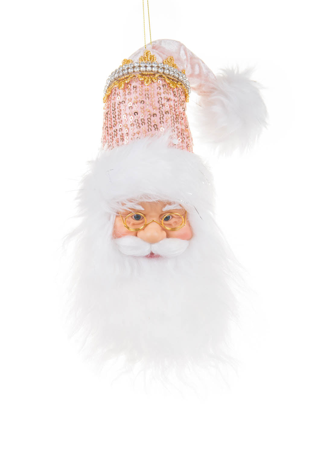 9" Hangable Sequin White and Baby Pink Cloth Santa Head Ornament