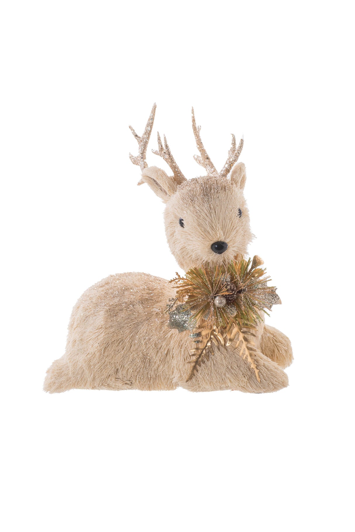 10.5" Resting Striped Cream Straw Fur Deer Figurine with Gold Spray