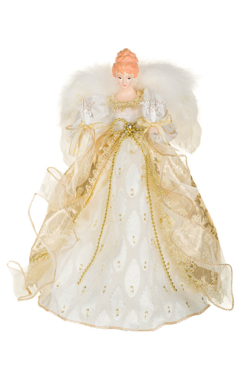 14.5" Ivory and Gold Fabric 10-Light Angel Tree Topper with Stars