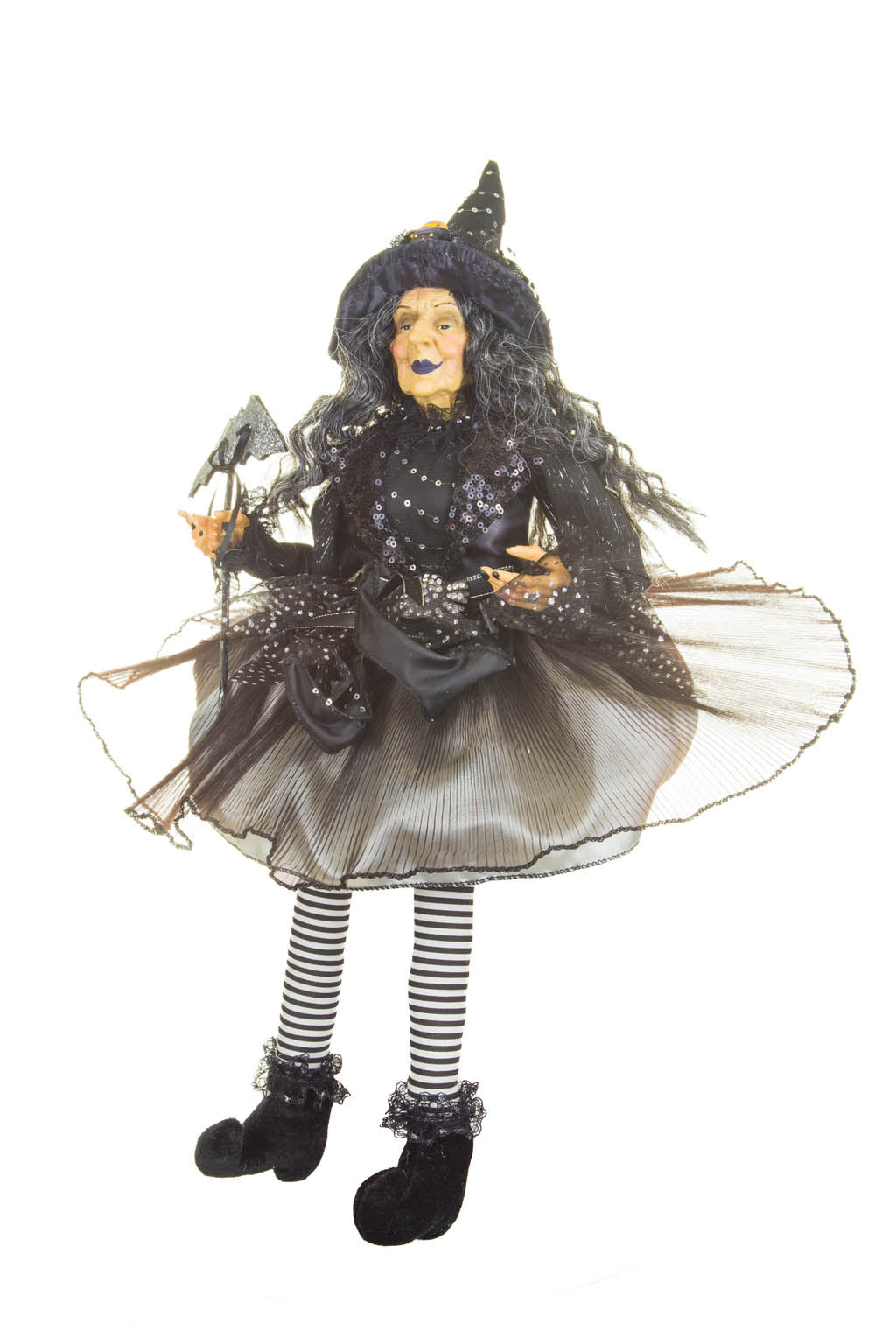 20" Sitting Black and Grayish Silver Cloth Smiling Witch Figure with Masquerade Mask