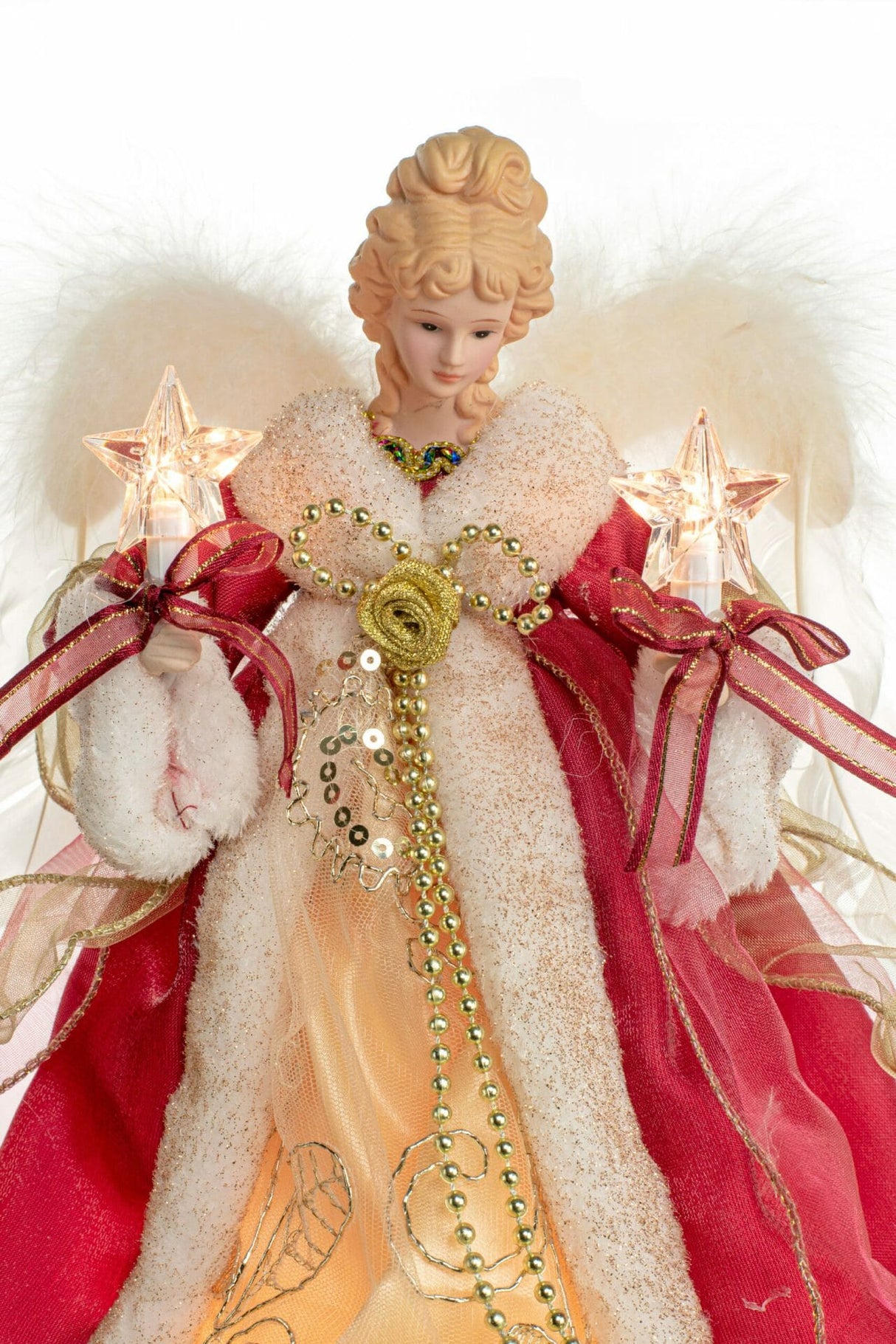 12" Red and Gold Cloth Vintage 10-Light Angel Tree Topper with White Fluffy Wings