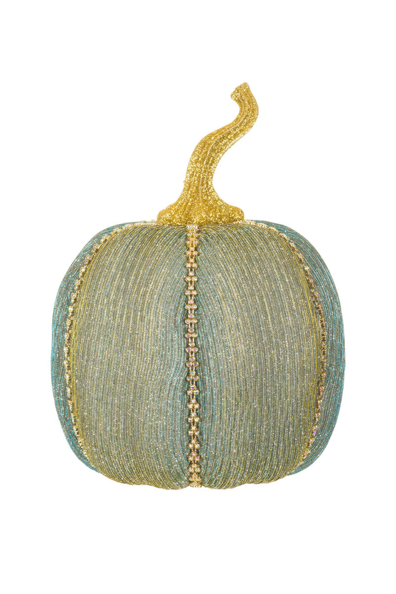 9.375"Blue and Gold Fabric Pumpkin Accent