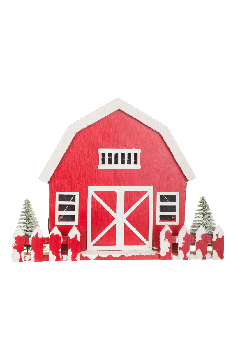 14.5" Red and White Wooden Snowy Barn Warm White LED Accent with Picket Fence