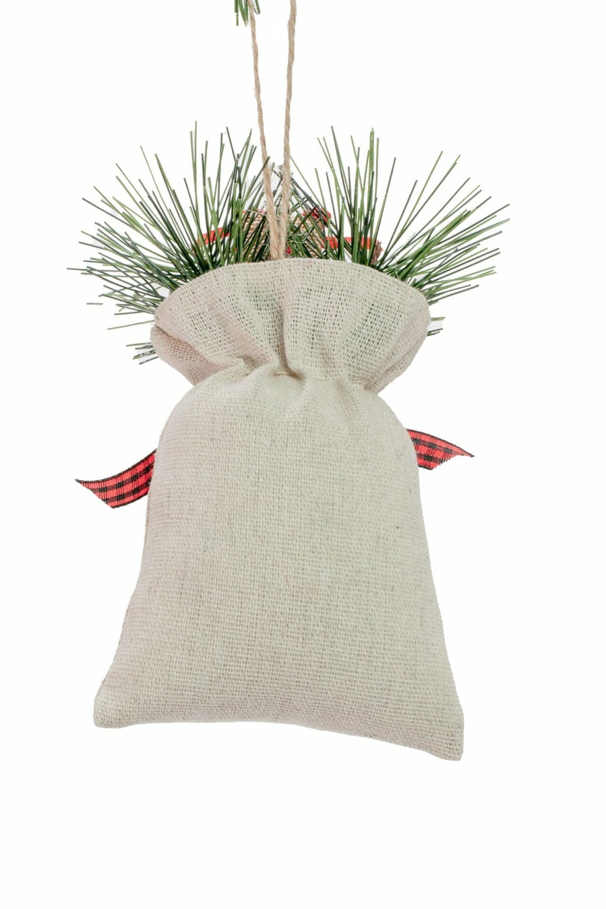 5.5" Hanging Ivory Cloth Gift Bag Ornament with "Merry Christmas" and Red Truck