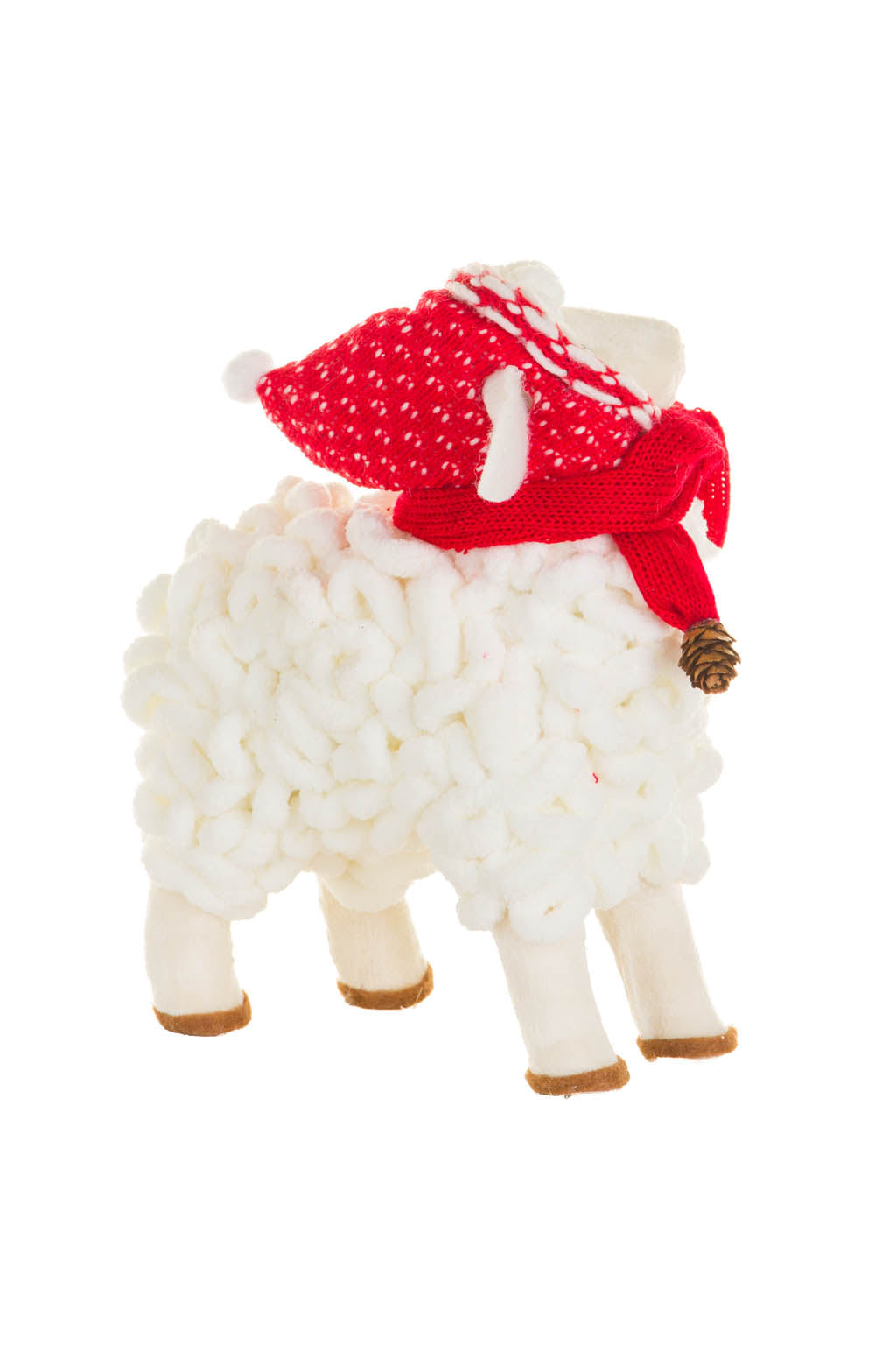 5" White and Red Cotton Sheep Figurine with Winter Scarf