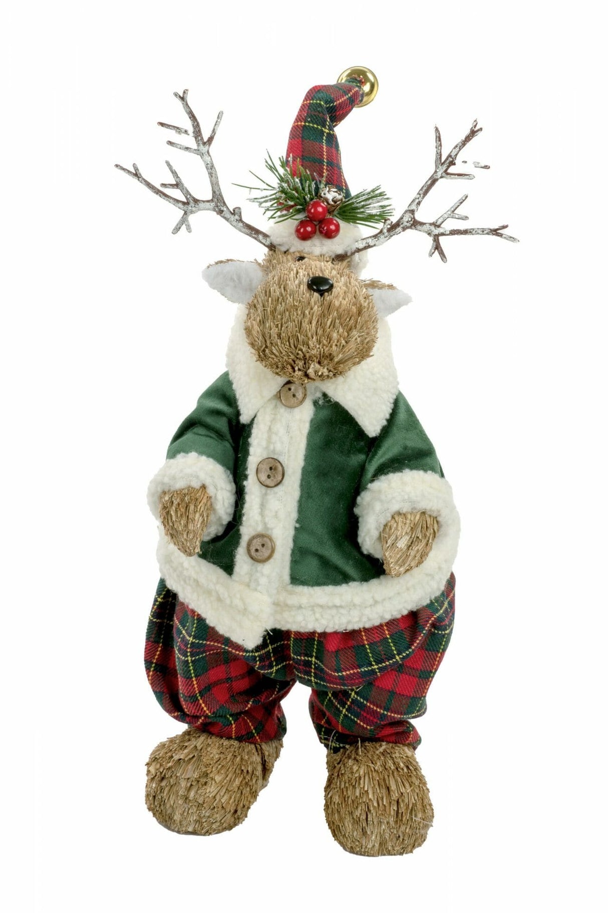 16" Brown and Green Wood Straw Reindeer Figurine with Pants