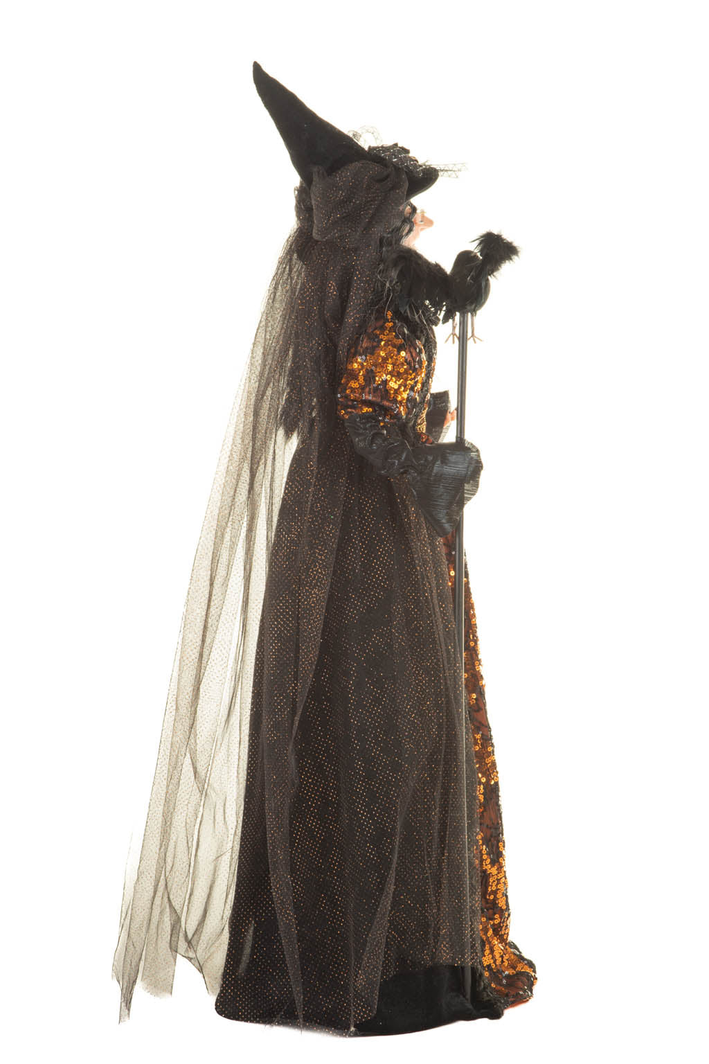 36" Sequin Black and Orange Polyester Regal Witch Figure with Crow Staff