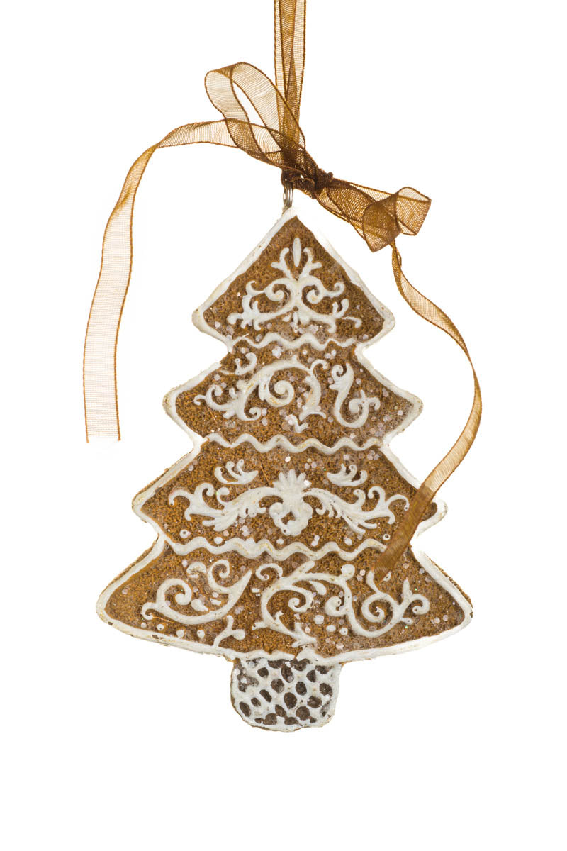 3.5" Hanging Brown and White Resin Gingerbread Tree Ornament