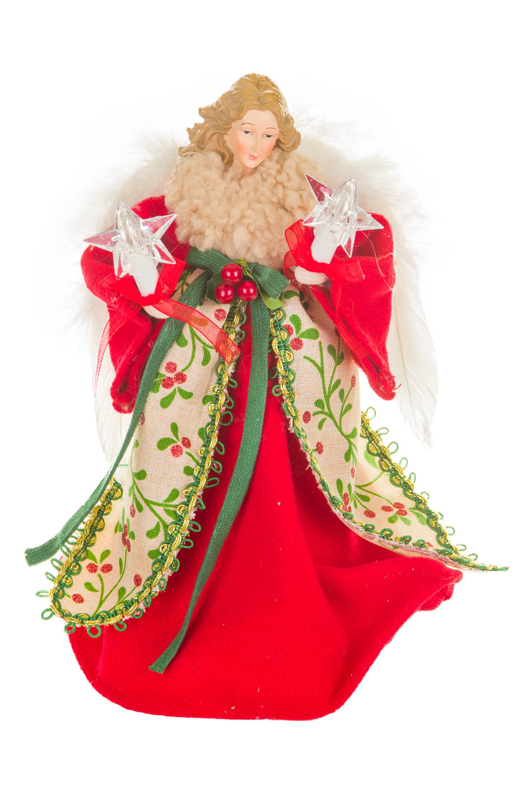 10" Chintz Red and Beige Cotton Cozy Warm White LED Angel Tree Topper