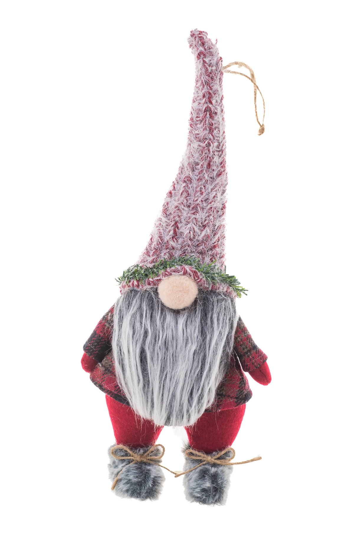 13.5" Hanging Buffalo Plaid Red and Brown Cloth Gnome Ornament with Skis