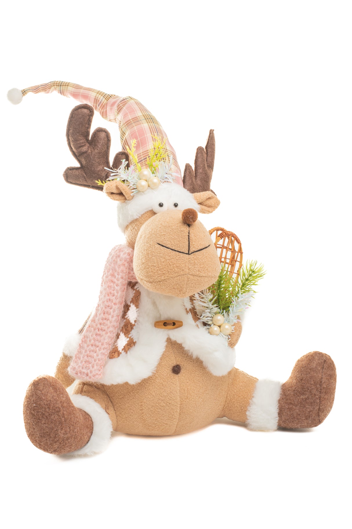 16" Cozy Sitting Plaid Pink and Brown Cloth Moose Figurine