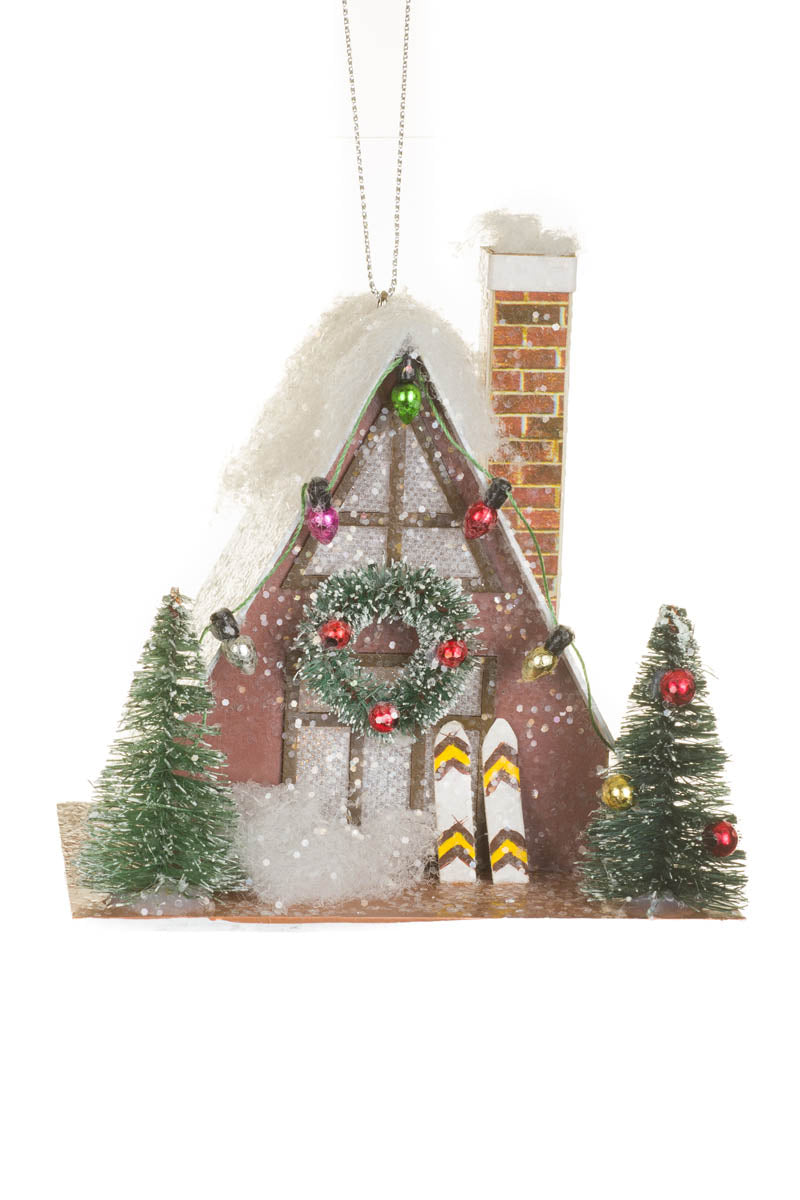 4.25" Sparkly White and Brown Card Ski Lodge Warm White LED Ornament
