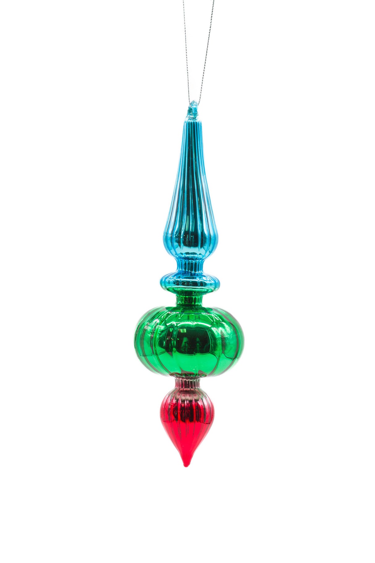 8" Hanging Splotched Green and Red and Blue Glass Finial Ornament
