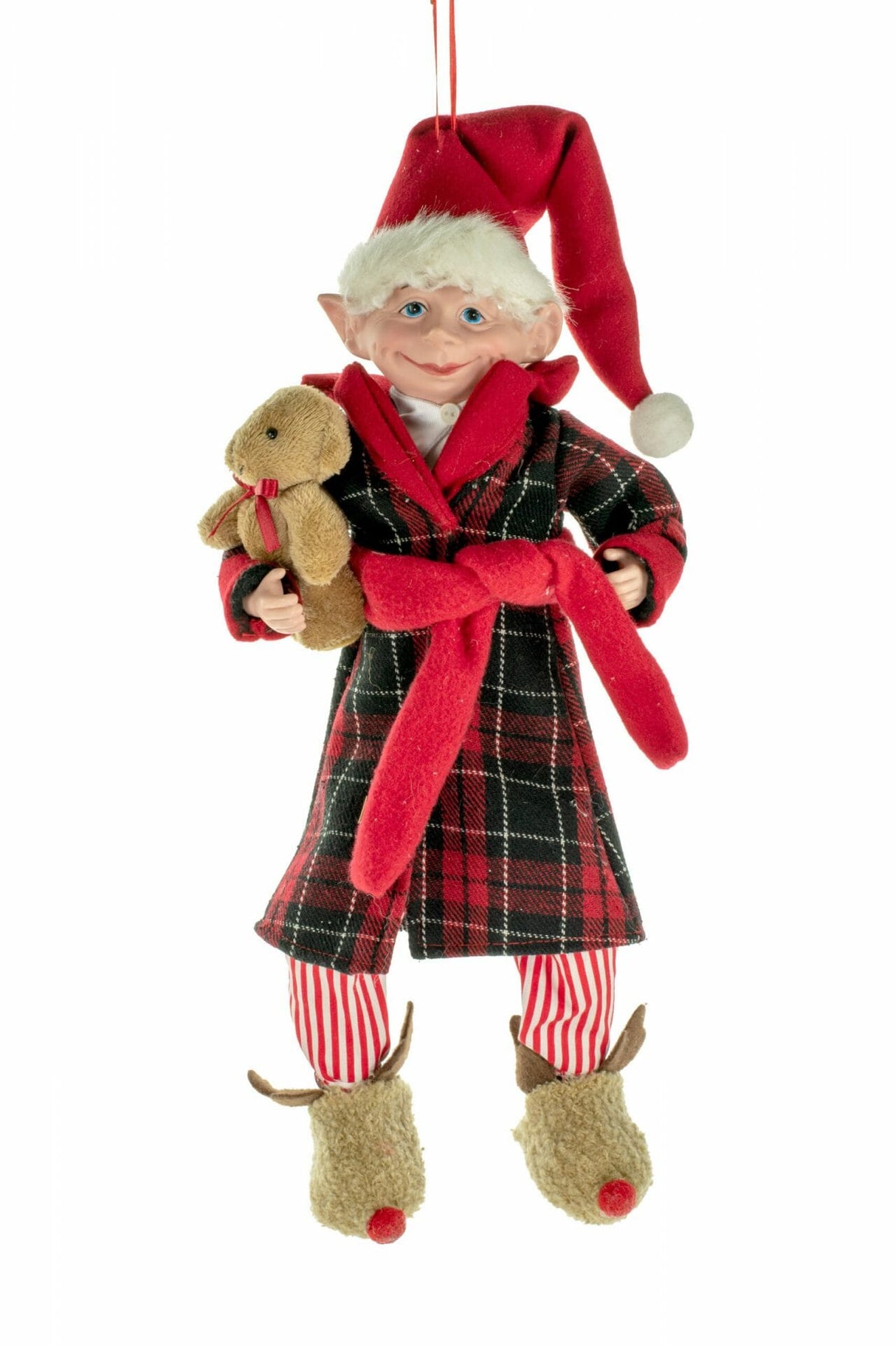 18.5" Hangable Plaid Red Cloth Sleepytime Elf Figurine with Teddy Bear