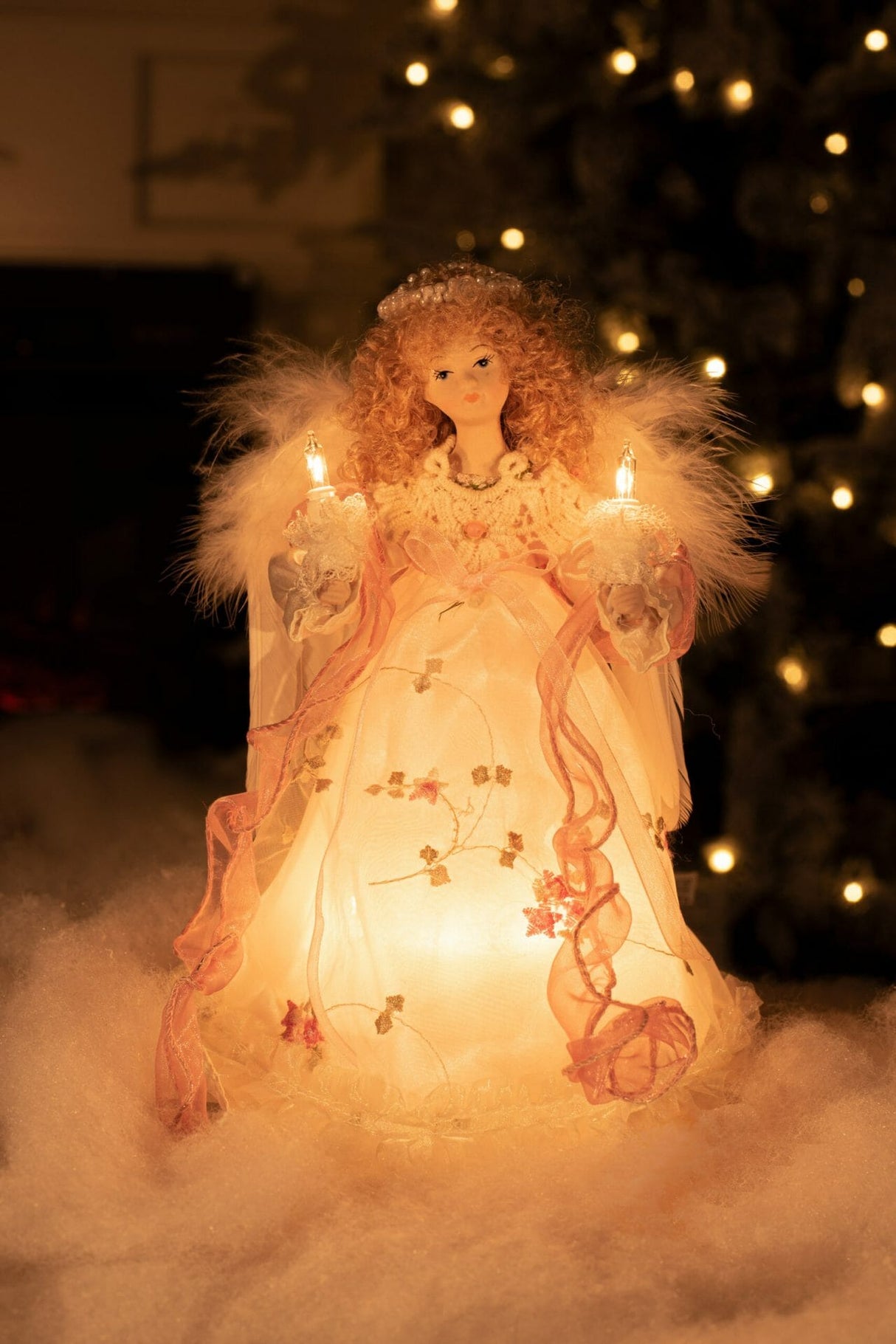 10" Ivory Cloth Small 10-Light Angel Tree Topper with Blonde Curly Hair