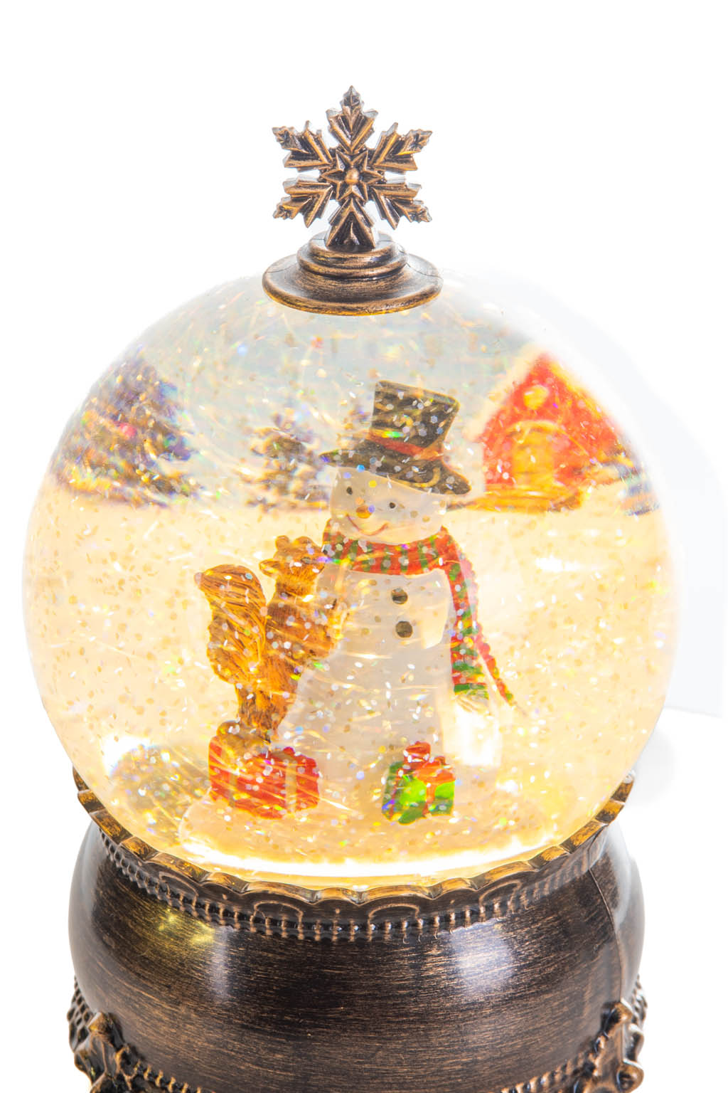 8" Brass Plastic Bauble Warm White LED Snow Globe with Snowman and Swirling Glitter