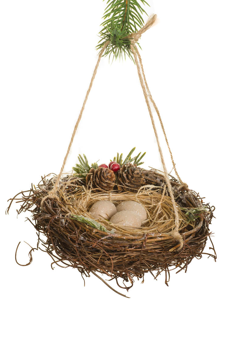 5.5" Hanging Sparkly Brown Straw Nest Ornament with Dove Eggs
