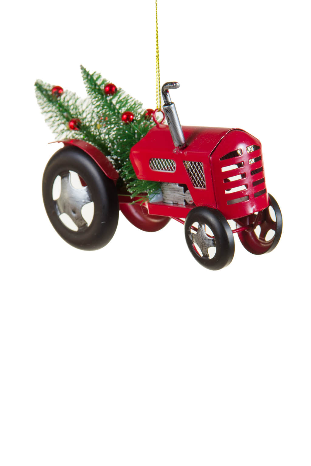 5.5" Hanging Red Metal Tractor Ornament with Christmas Trees