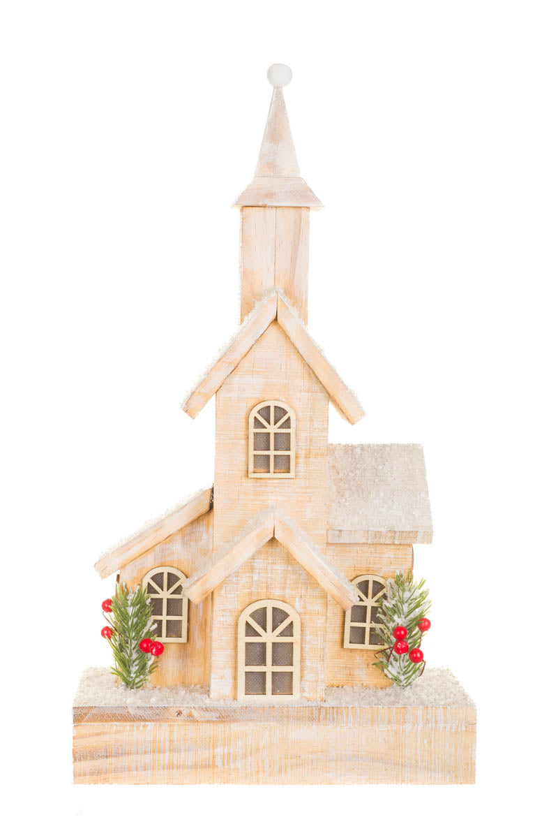 15" Frosted Peach and White Wooden Church LED Display with Bushes