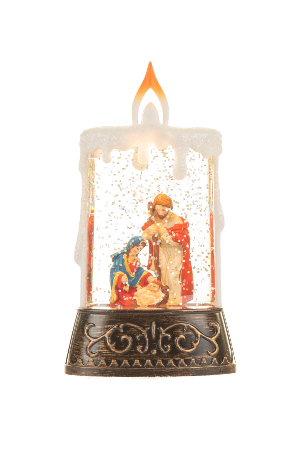 14.5" Bronze and White Plastic Candle Warm White LED Snow Globe with Baby Jesus