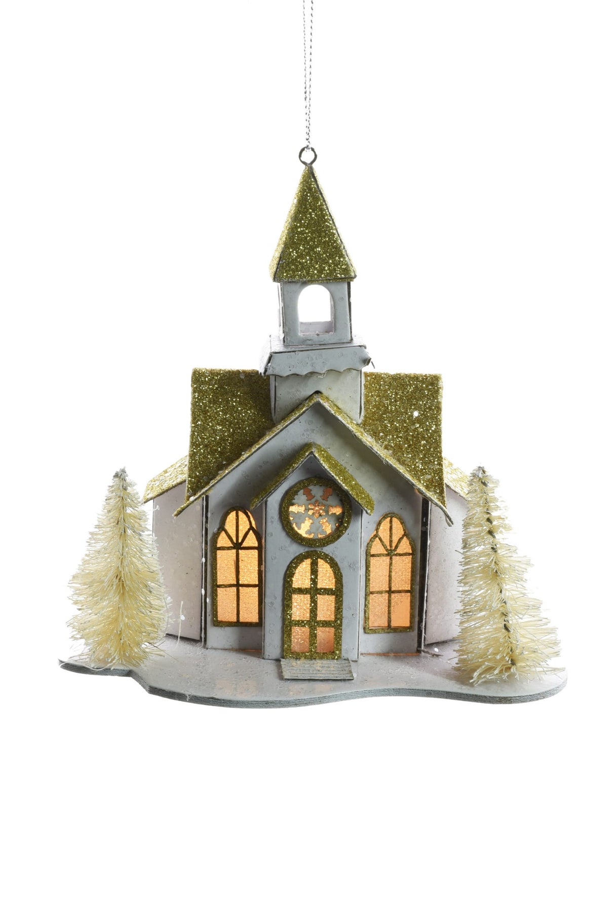 5" Hanging White Wooden Church LED Ornament with Gold Roof