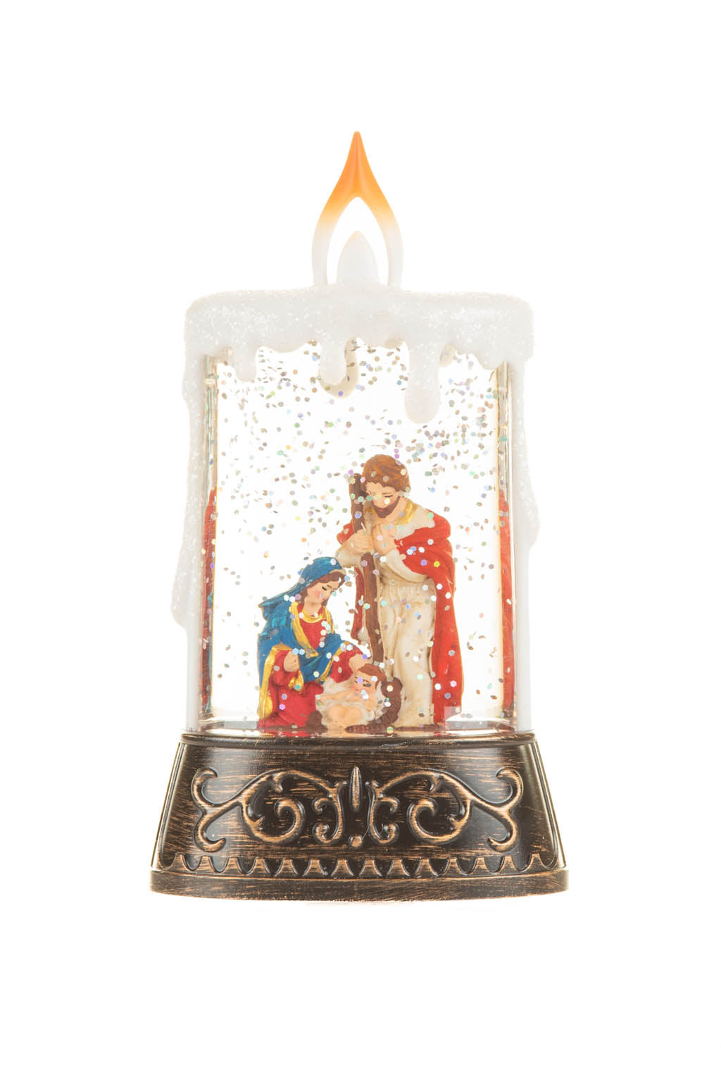 14.5" Bronze and White Plastic Candle Warm White LED Snow Globe with Baby Jesus