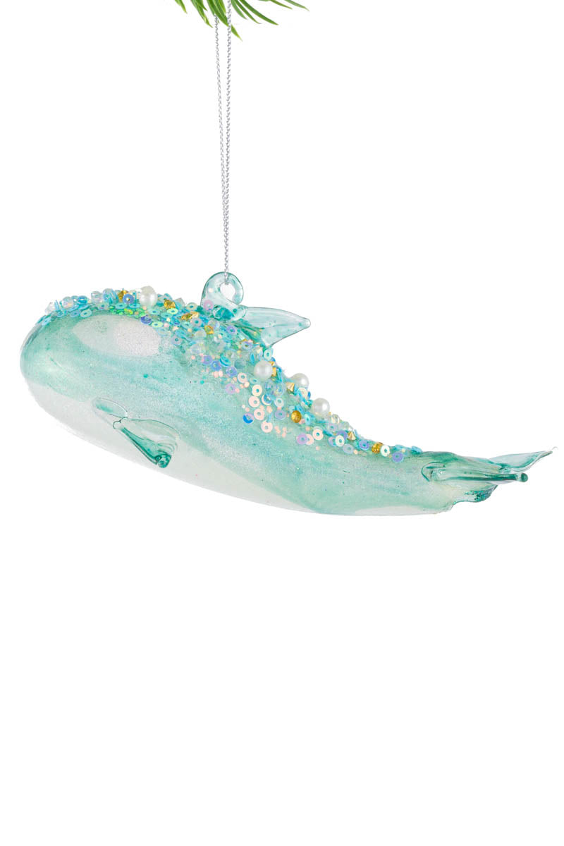 5.5"Hanging Cyan Glass Orca Ornament