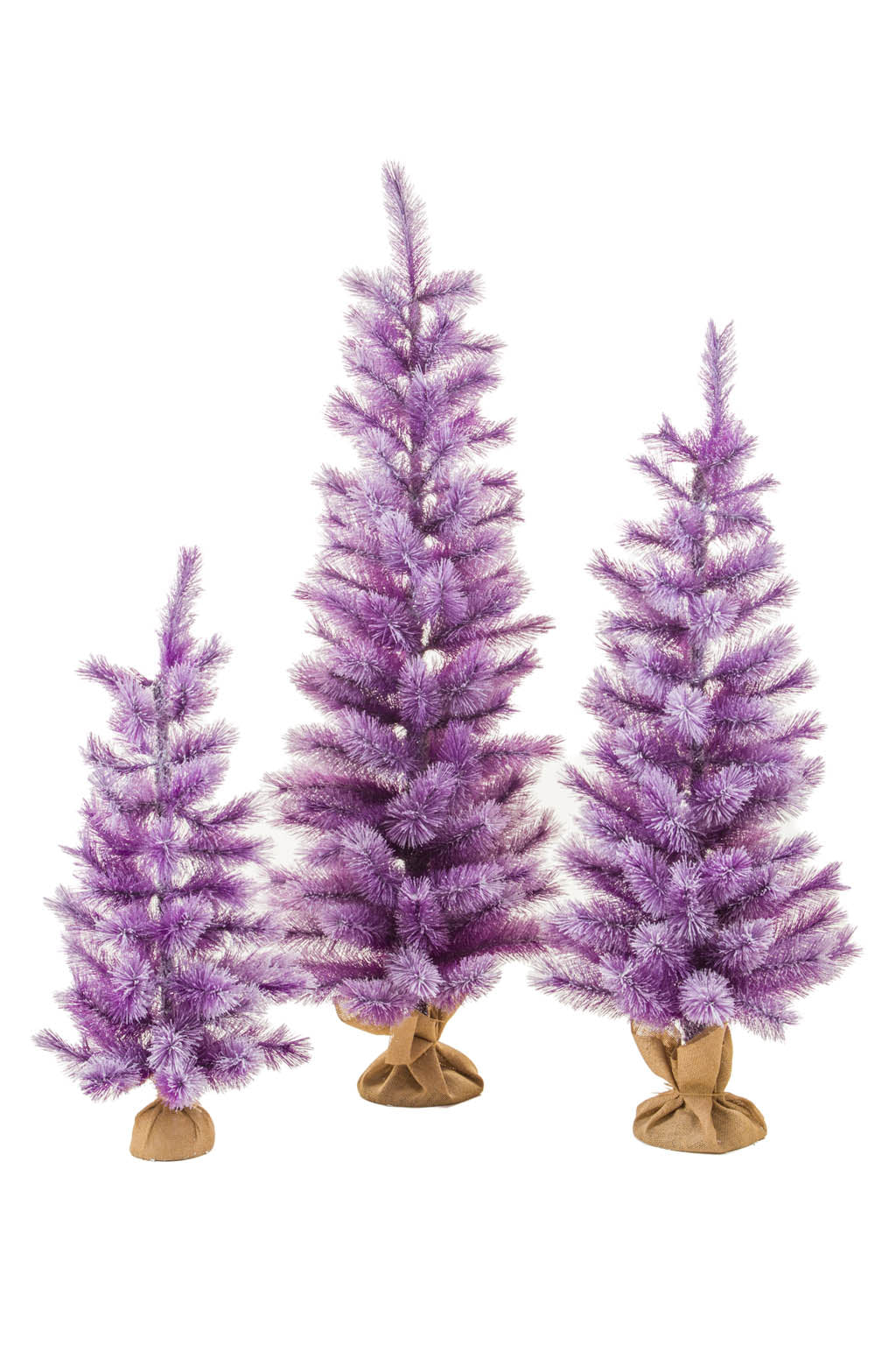 60" Set of 3 Frosty Purple Pvc Christmas Trees with Burlap Wrapped Base