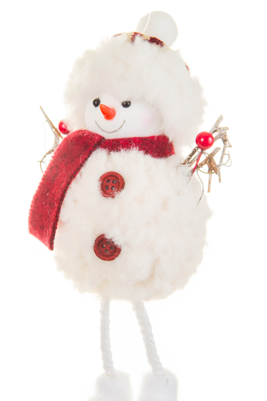 8" Hanging White and Burgundy Cloth Snowman Ornament with Beanie