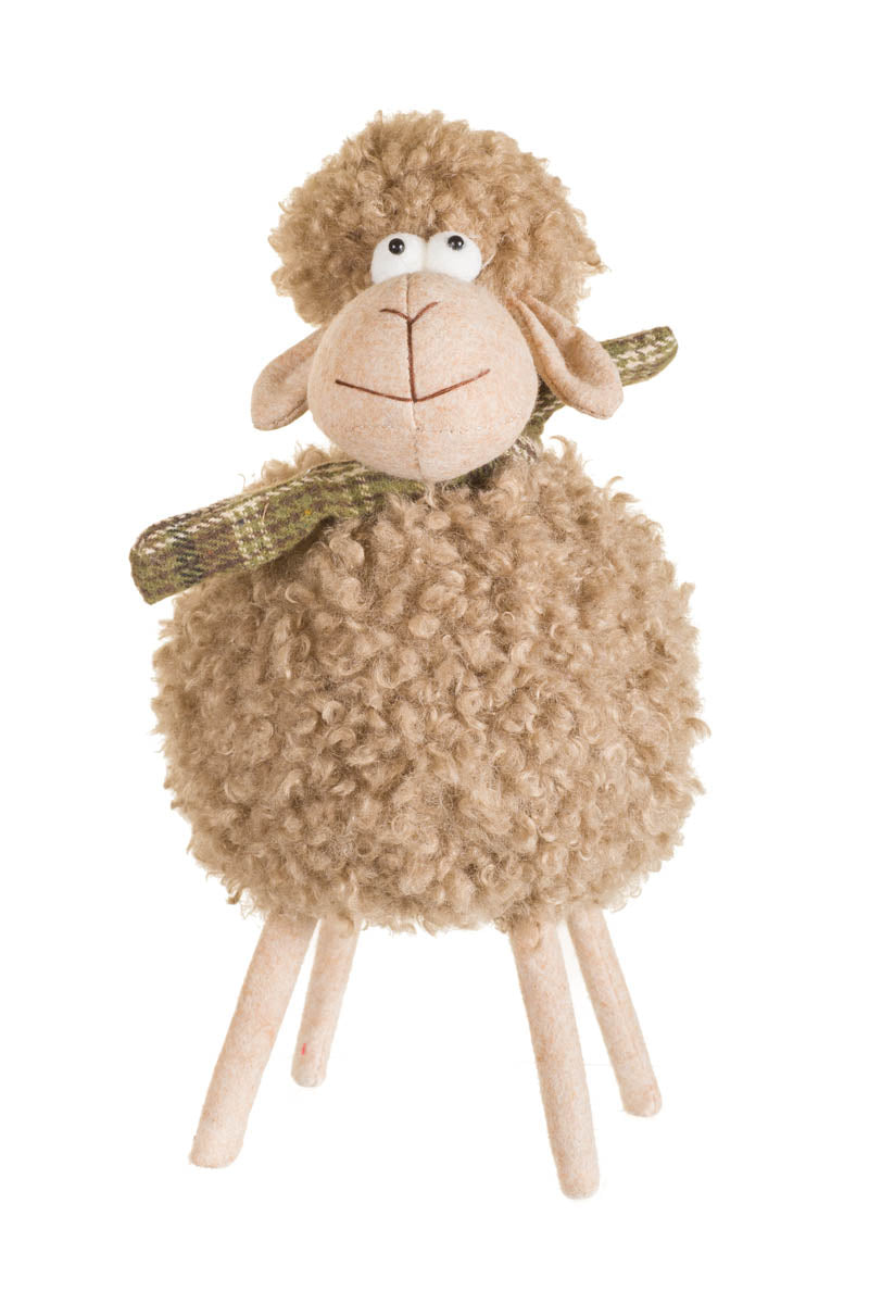 12" Fluffy Brown Wool Sheep Figurine with Plaid Scarf
