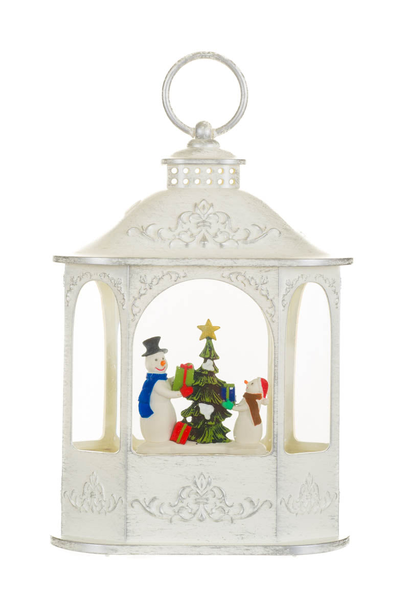 9" White Plastic Lantern Cool White LED Snow Globe with Generous Snowmen