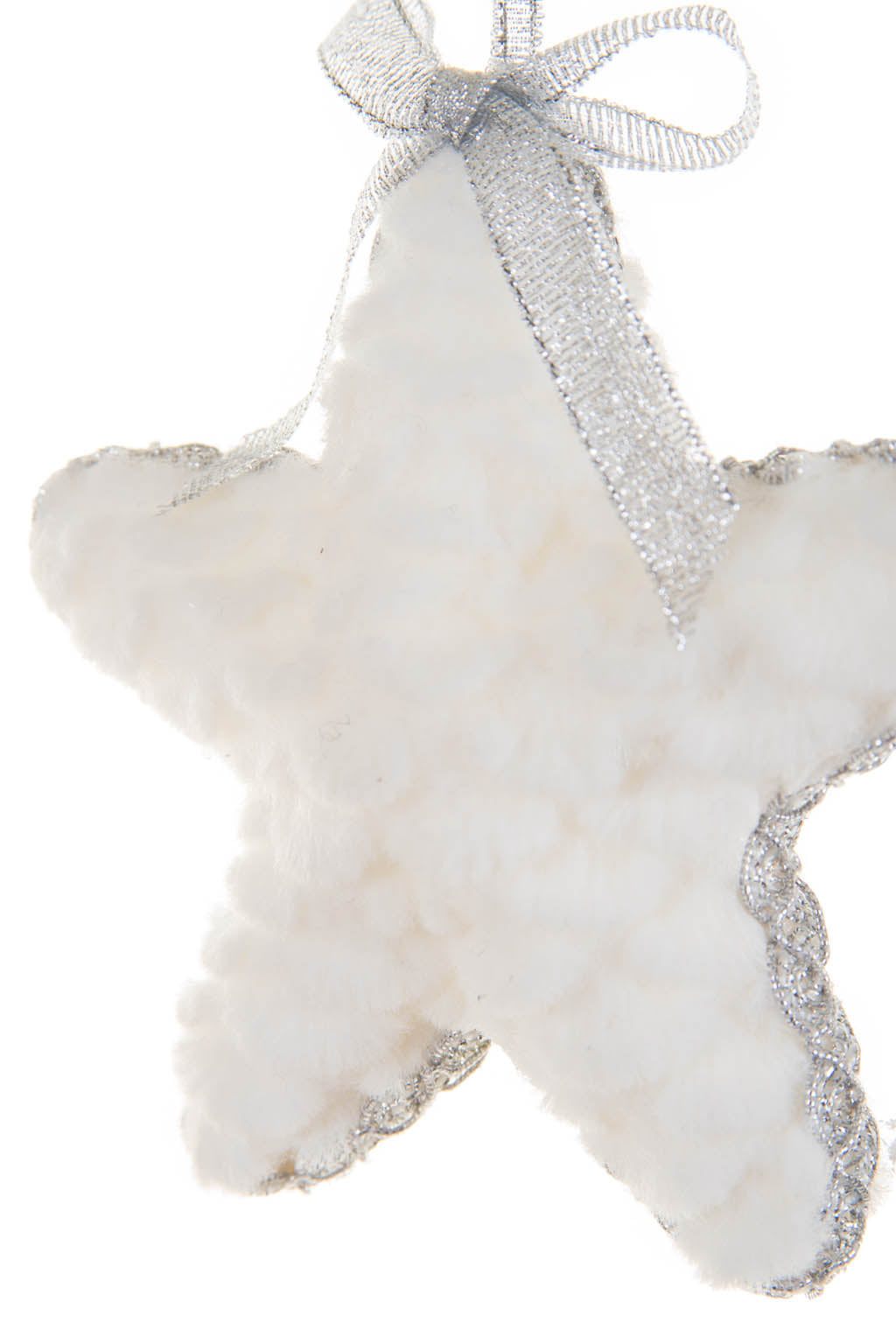 5" Hanging White and Silver Cloth Fuzzy Star Ornament with Sparkly Wrapping