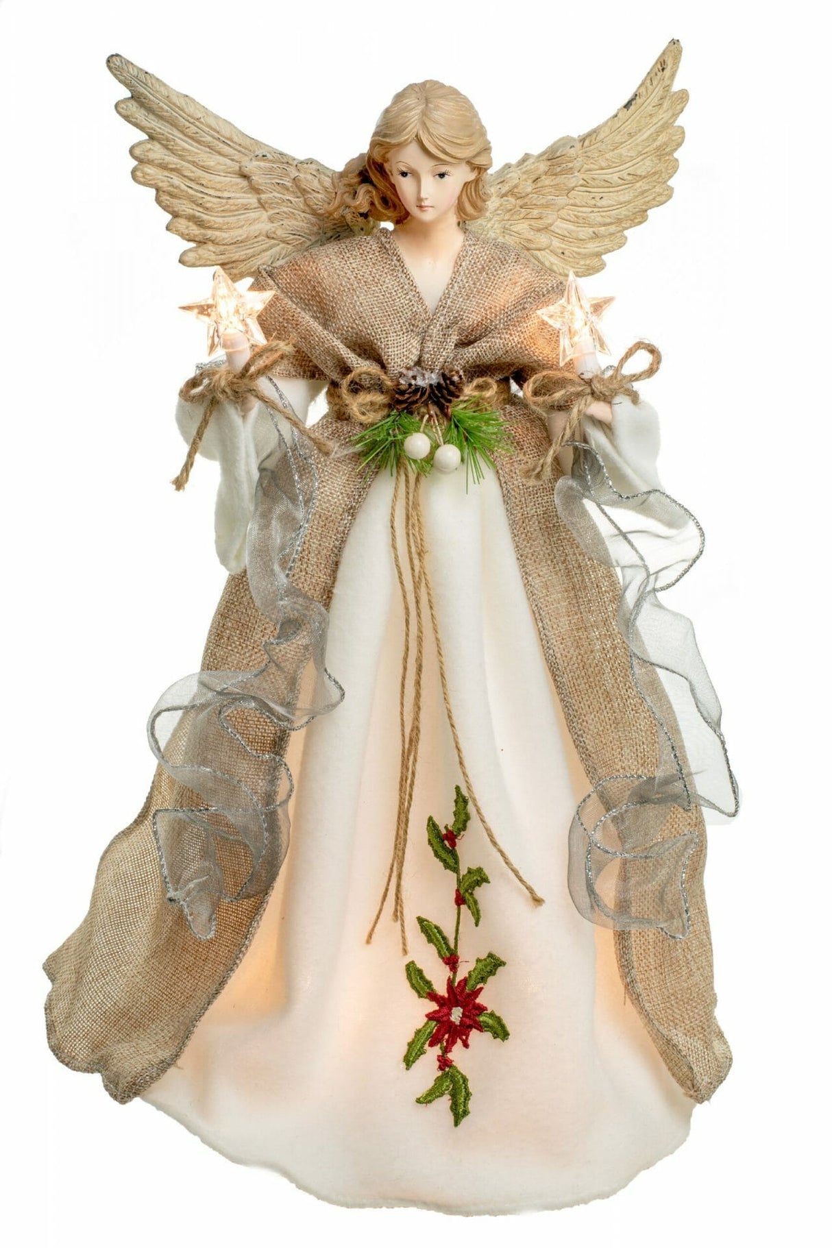 17" Brown and White Rattan Rustic 10-Light Angel Tree Topper