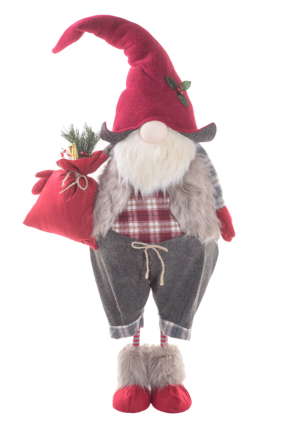 63" Red and Gray Polyester Santa Gnome with Gift Bag