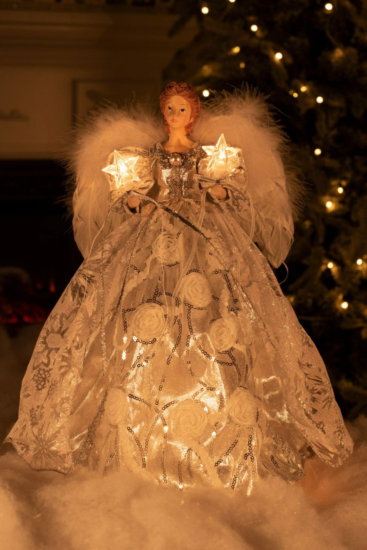14" Silver and White Cloth Modern 10-Light Angel Tree Topper