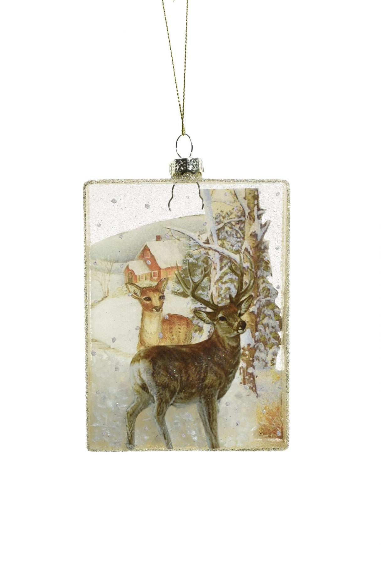 5" Hanging Clear Glass 3D Picture Frame Ornament with Farmyard Deer