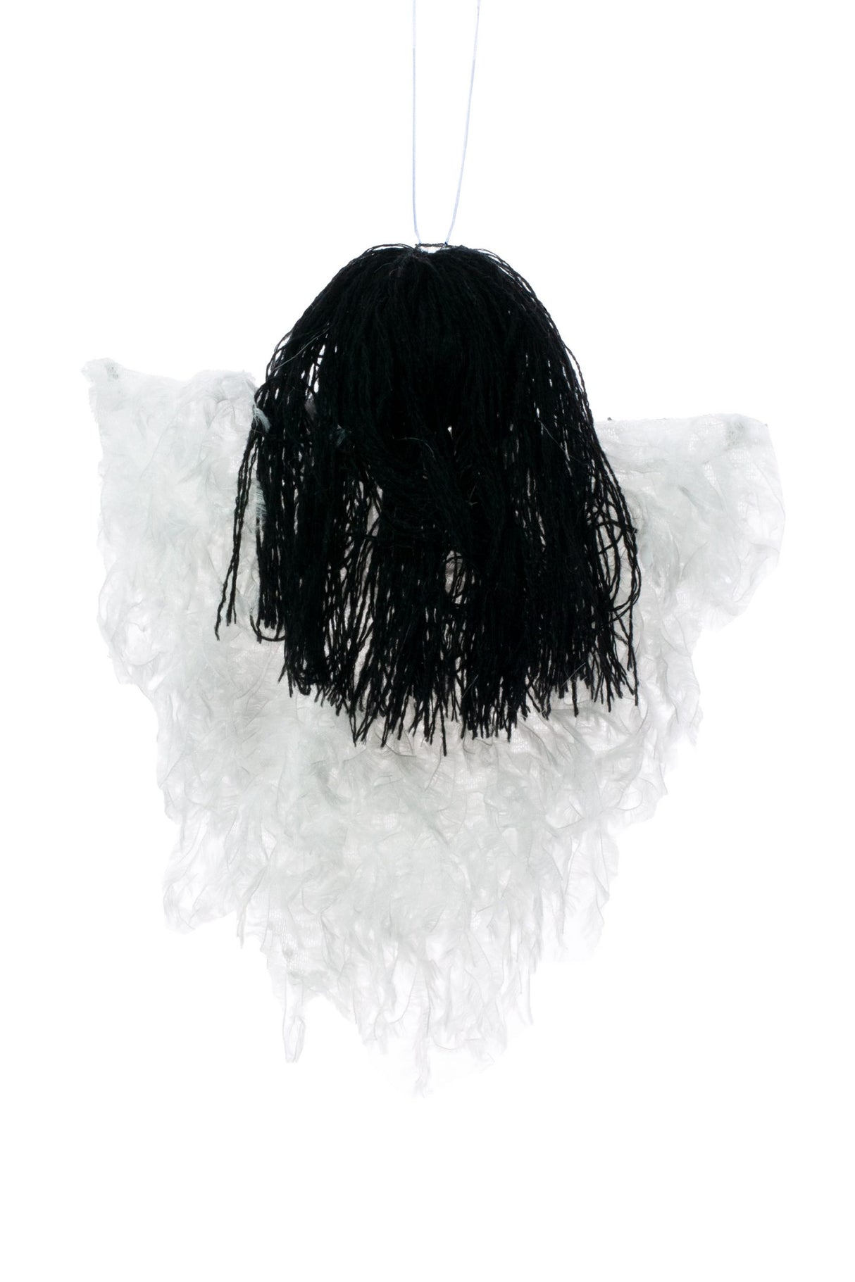 8" Fuzzy Hanging White Cloth Ghost Doll with Black Hair