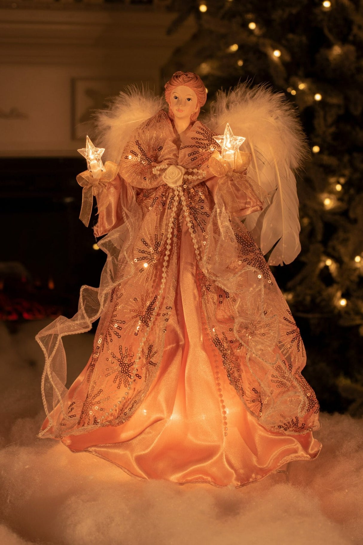 14" Coral Cloth Modern 10-Light Angel Tree Topper with White Fluffy Feathers