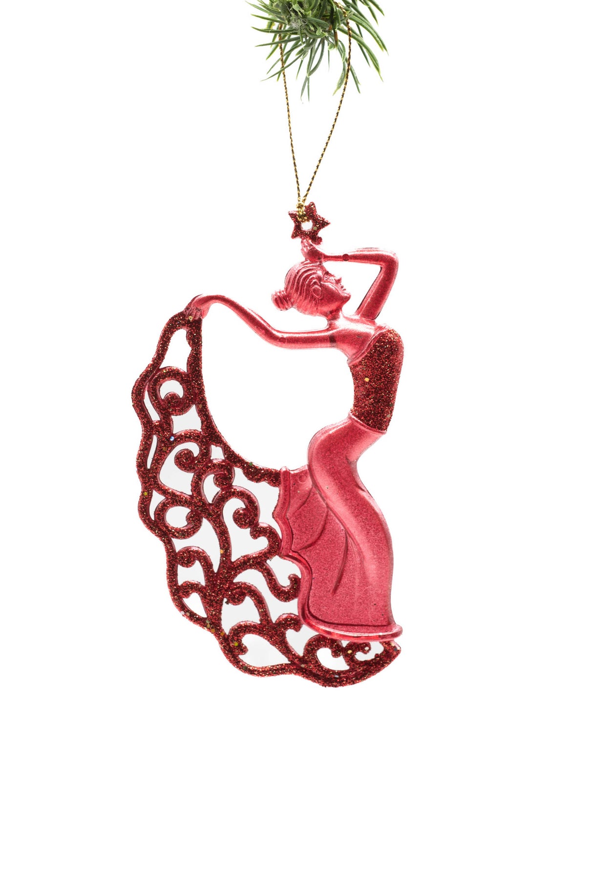 13" Hanging Red Plastic Dancer Ornament with Glittering Dress