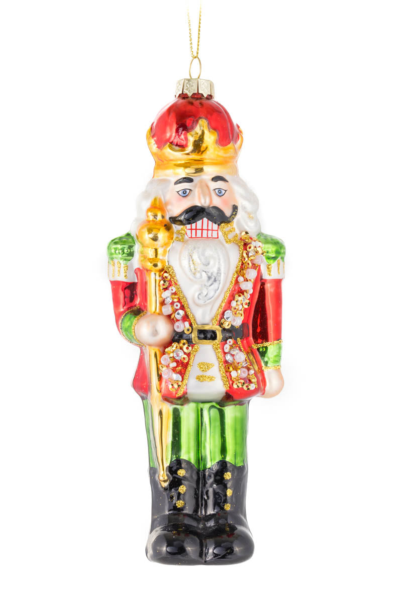 7.5" Hanging Red and Gold Glass Nutcracker King Ornament