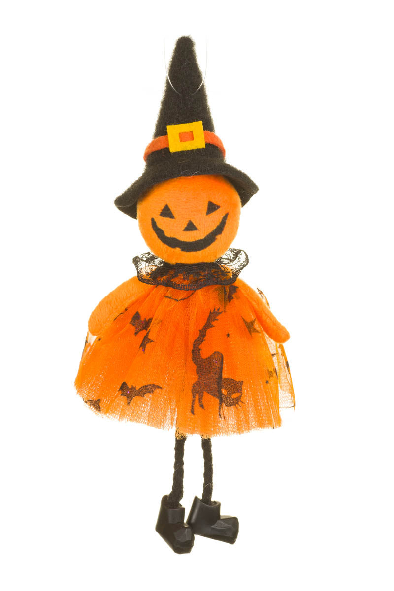 7.75" Hanging Orange Fabric Pumpkin Girl Doll with Critters Dress