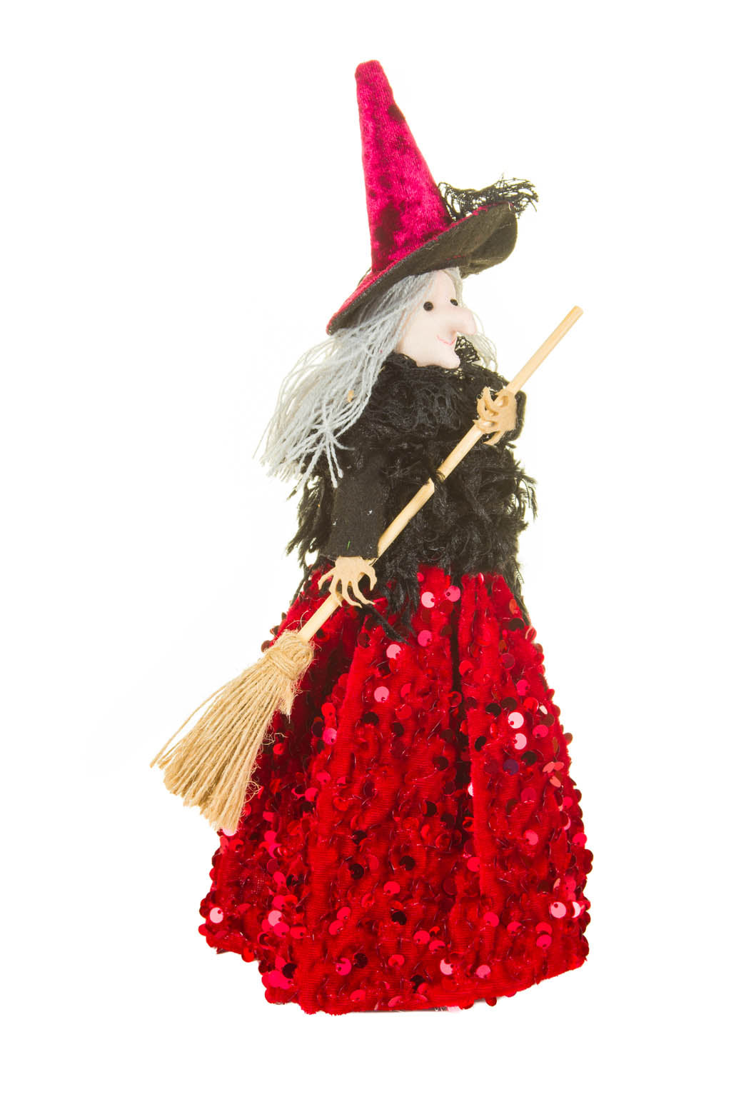 12" Sequin Black and Red Cloth Witch Ornament with Broom