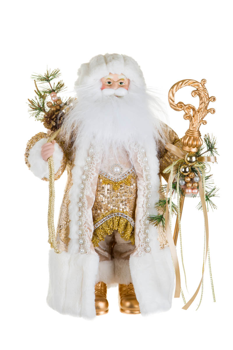 18" Sequin Gold and Beige Fabric Santa Figurine with Scepter and Sack