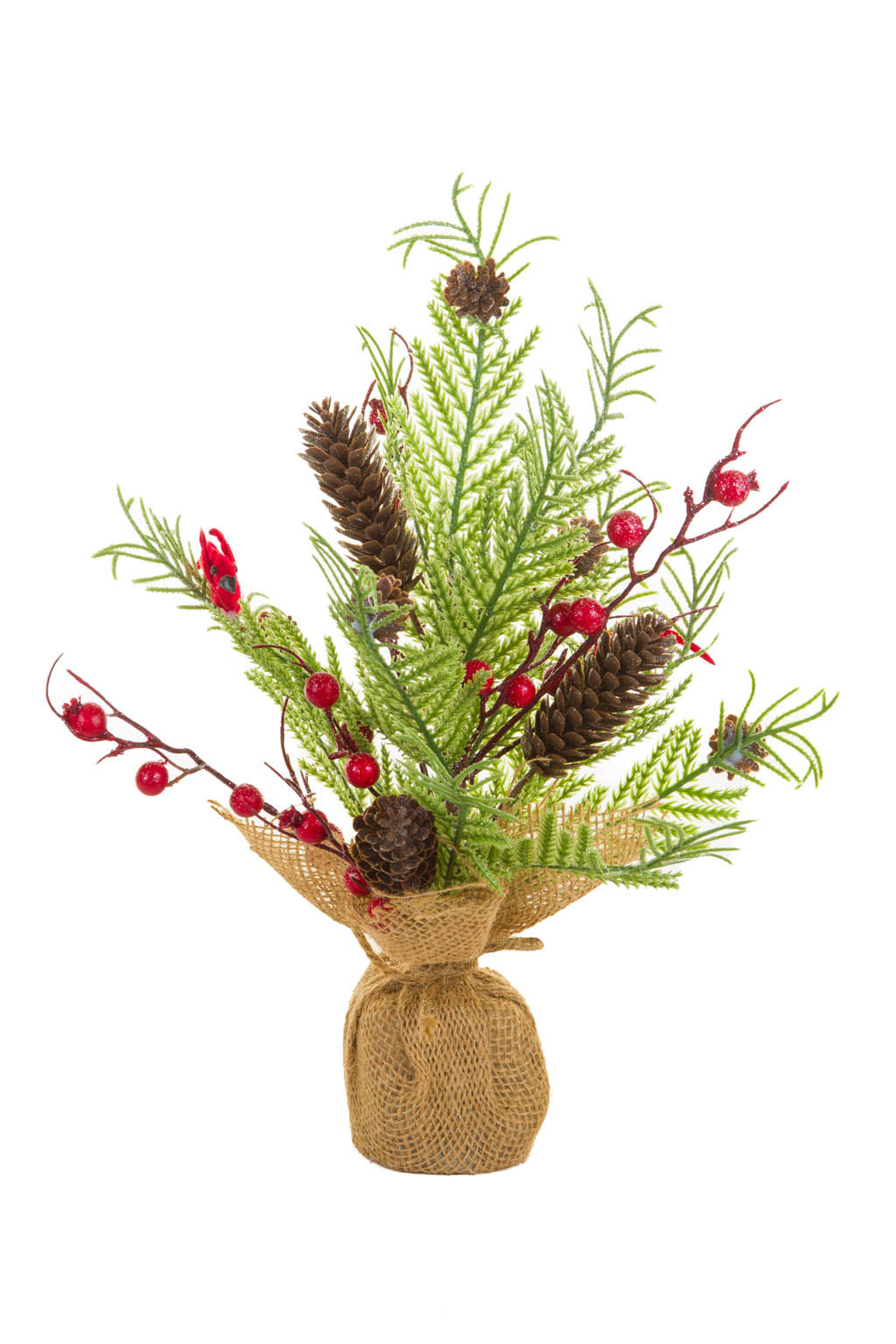 14"Green and Red Pvc Christmas Tree with Cardinals and Berries